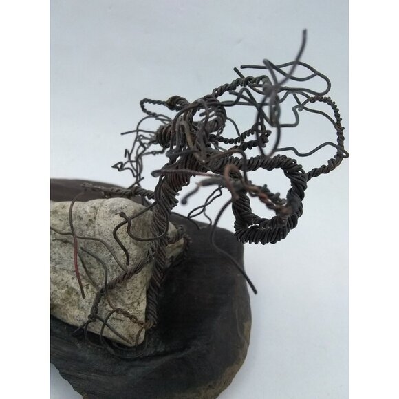 Handmade brutalist abstract modernist Metal Bonsai tree on rock & wood Artwork - Picture 9 of 11